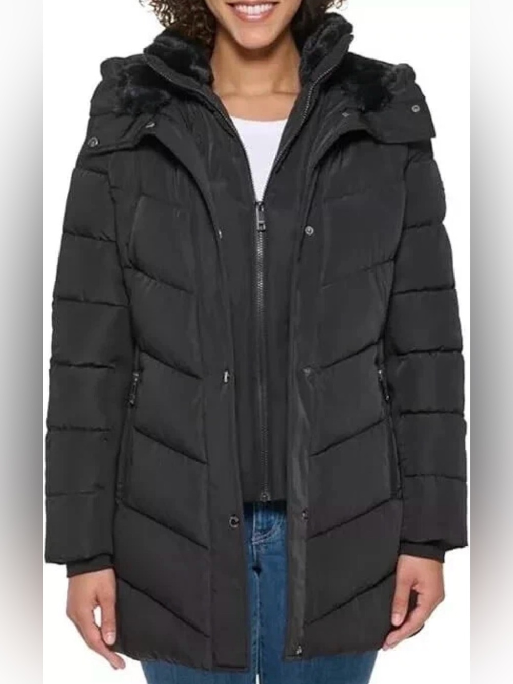 NWT Andrew Marc "Mixed Media" Down Puffer Coat with Faux Fur Hood